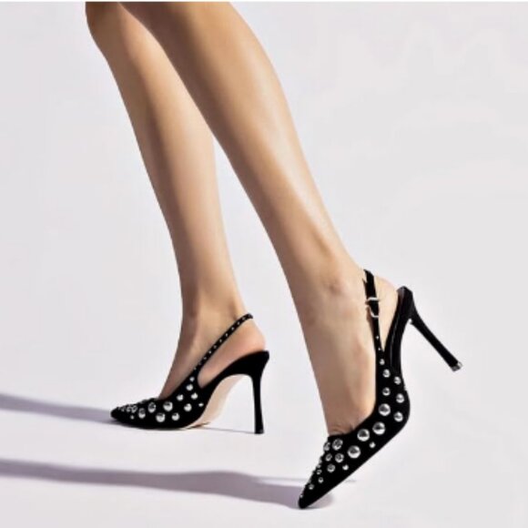 Tang'scuisins Black Studded High Heels Slingback Pointy Toe Pumps Sexy Sandals - Picture 1 of 8